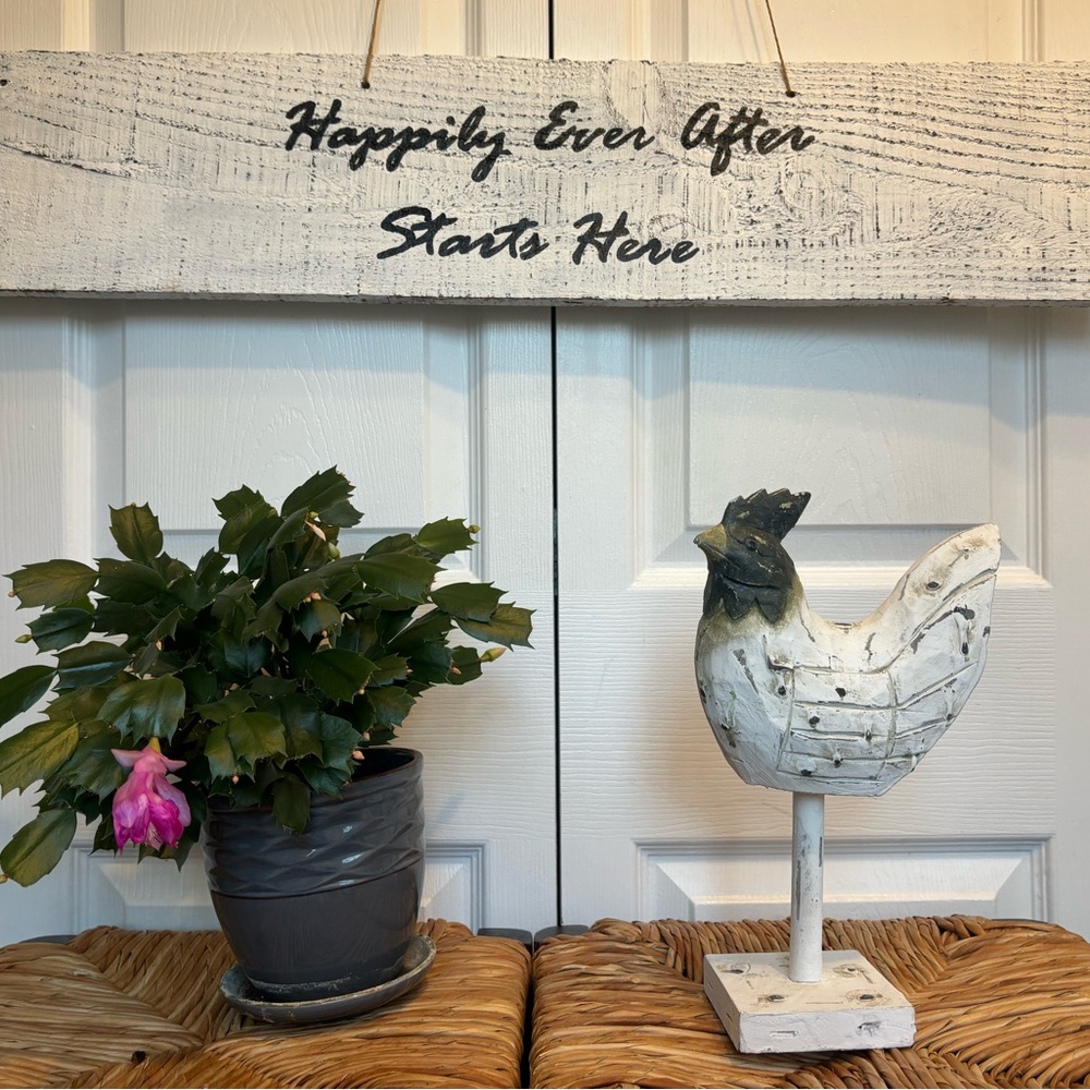 Rustic Country Farm Barn Style White and Black Rooster Sculpture Made of Wood - Picture 3 of 7